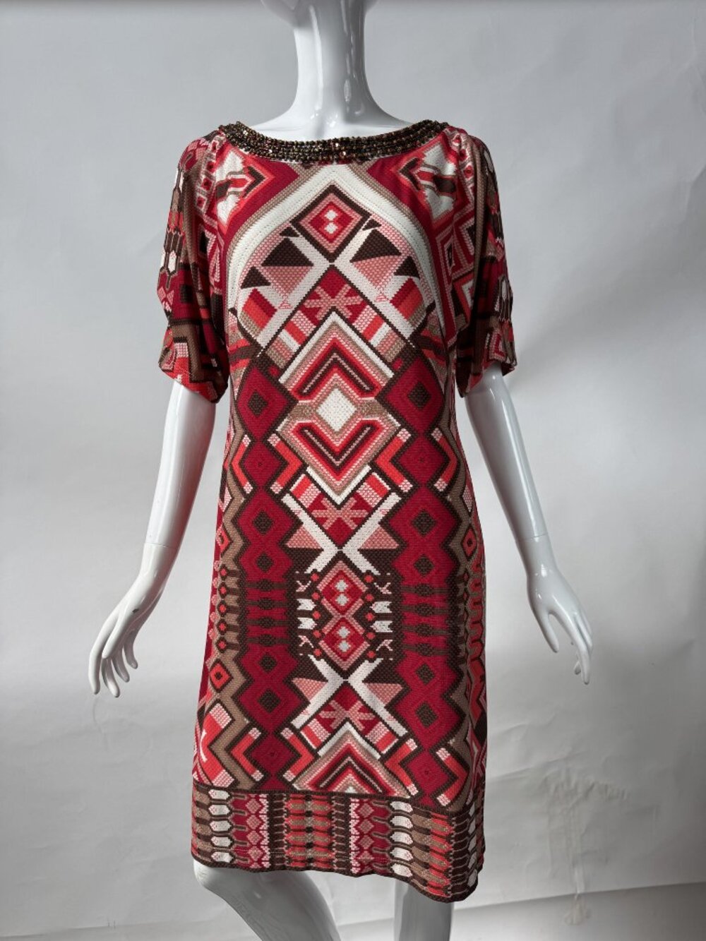 Chicos Beaded Neckline Geometric Print Dress In Red & Brown  Size M